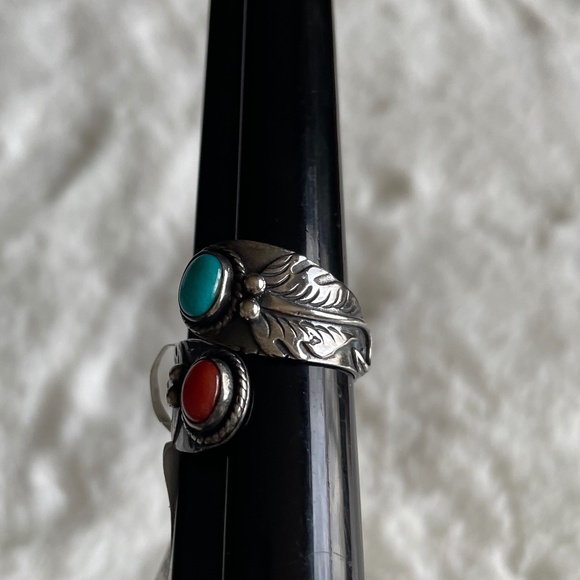 Adjustable Turquoise and Coral Sterling Silver Ring NWT size 6-8 - Picture 2 of 6